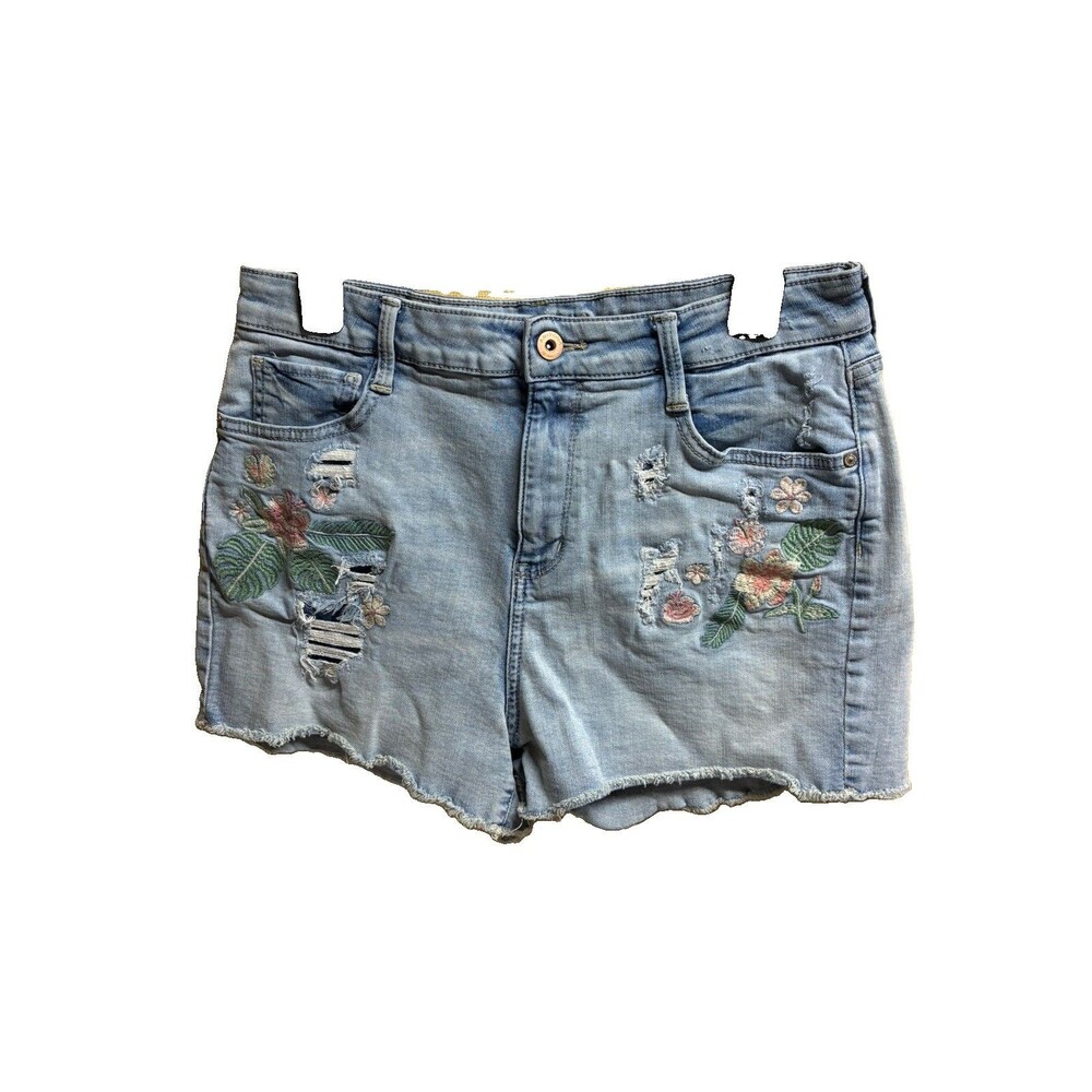 Arizona Jean Co Denim Shorts Womens 13 Floral Embroidered Distressed Light Wash